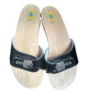 Vintage Womens 7 Dr Scholls‎ Original Wooden Sandals Black Patent Leather